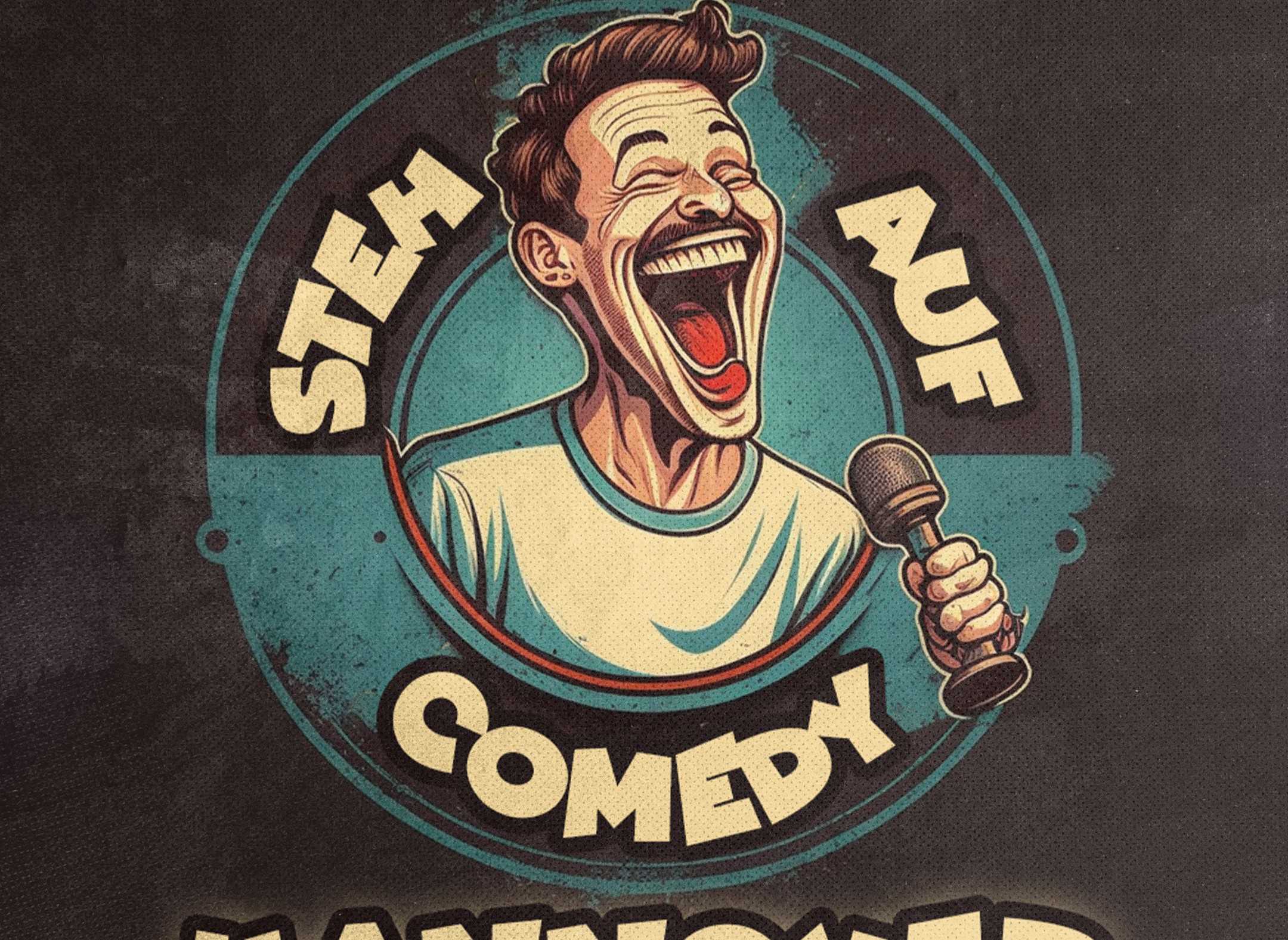 The image shows a logo for "Steh auf Comedy Hannover". In the centre of the logo is a cartoon character laughing loudly into a microphone. The text "Steh auf Comedy Hannover" frames the character in a circular design, with the words stylised and arranged in different sizes and shapes. The background is dark and textured, giving the logo a striking and eye-catching look.